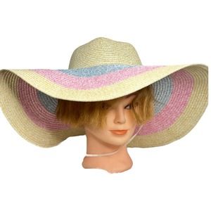 Lucky 7 Women's Sun Hat Floppy Straw Wide Brim Yellow Pink Blue Chin Strap #B07